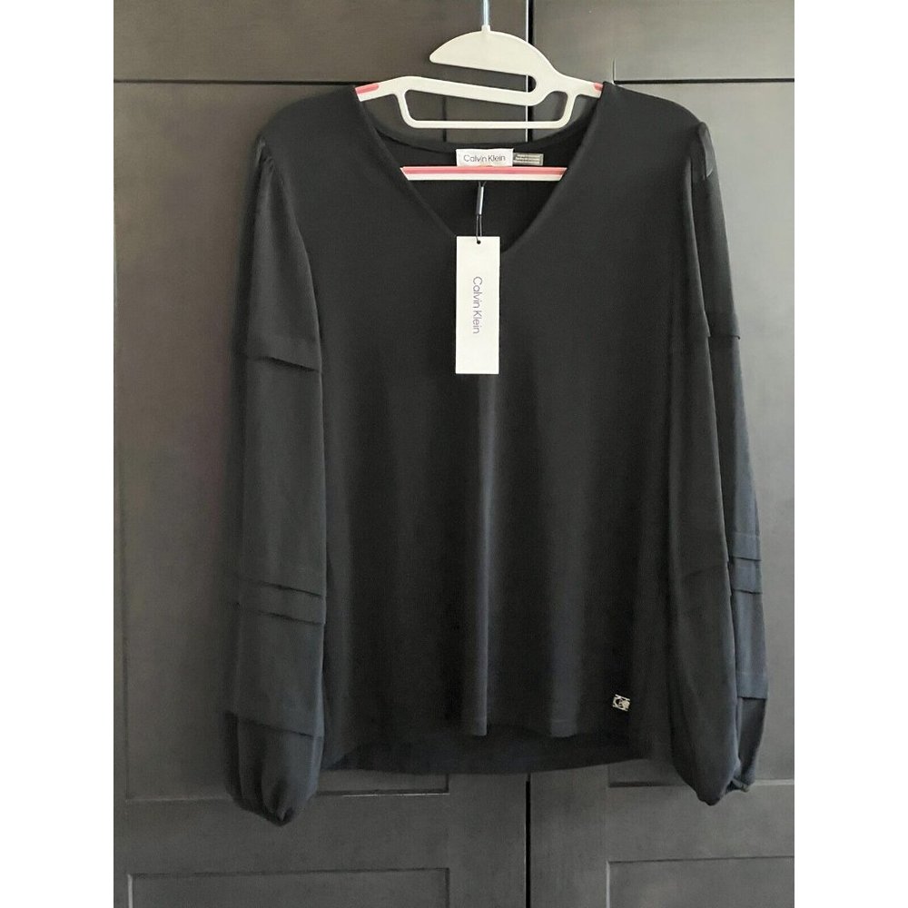 Calvin Klein Sheer Long Ballon Sleeve V Neck Pullover Blouse Black Size X Small